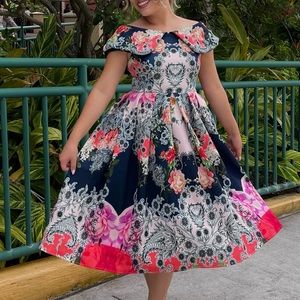 FLORAL ABSTRACT MIDI DRESS OFF SHOULDER
